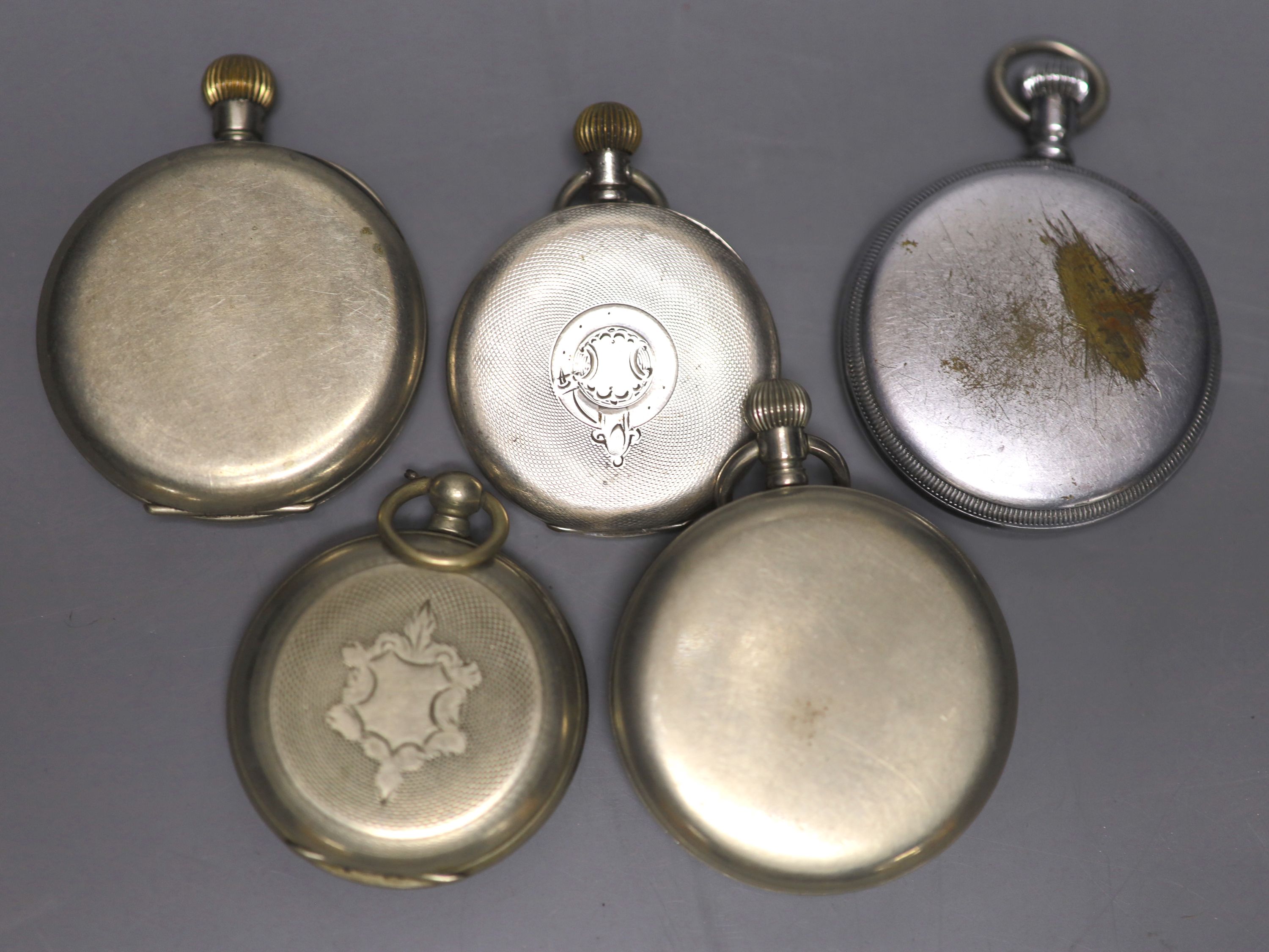 One white metal and four assorted base metal pocket watches, including Elgin & Doxa(a.f.).